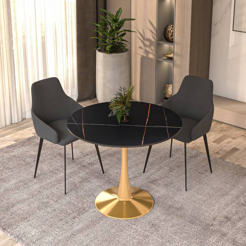 Bristol Round Dining Table 35 in. Sintered Stone Tabletop & Brushed Gold Stainless Steel Pedestal Base