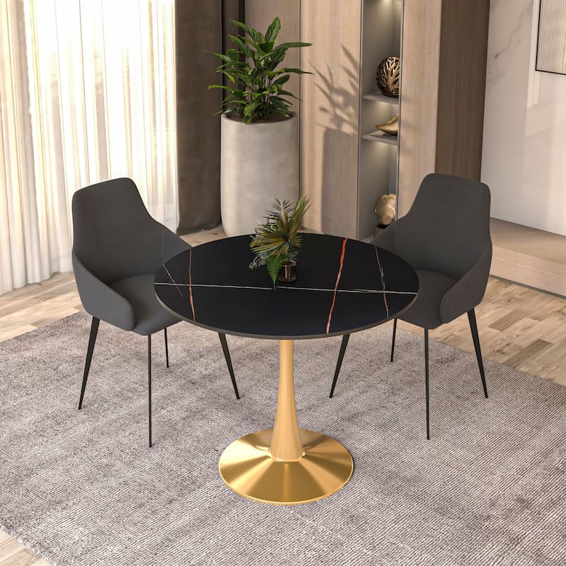 Bristol 31" Round Dining Table for 4 with Sintered Stone Tabletop in Gold Steel Base for Kitchen & Dining Room