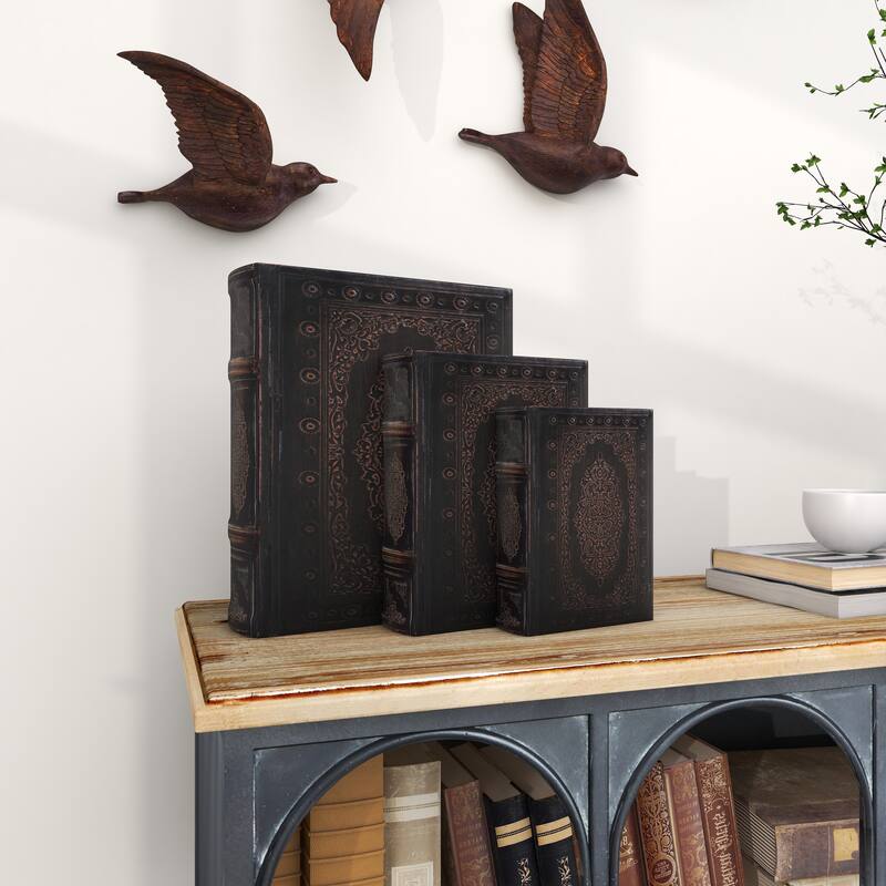 Dark Brown Wooden Faux Storage Book Decorative Box with Faux Leather Detailing (Set of 3)