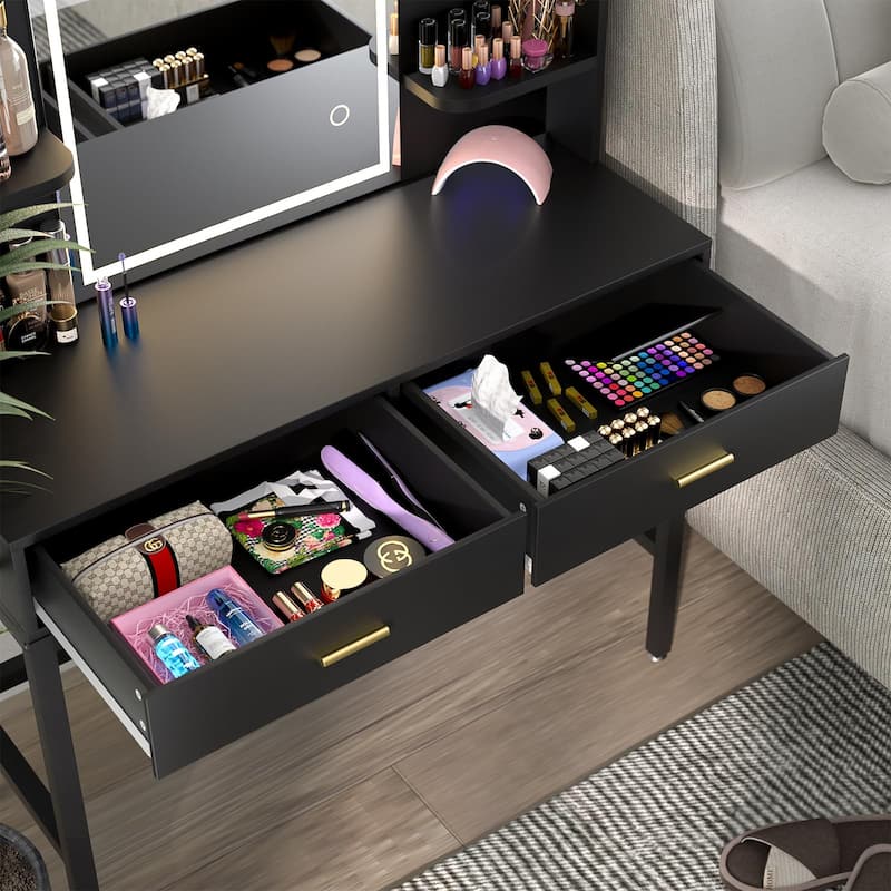 Vanity Table with LED Mirror, Kid's Makeup Vanity Desk with 2 Storage Drawers