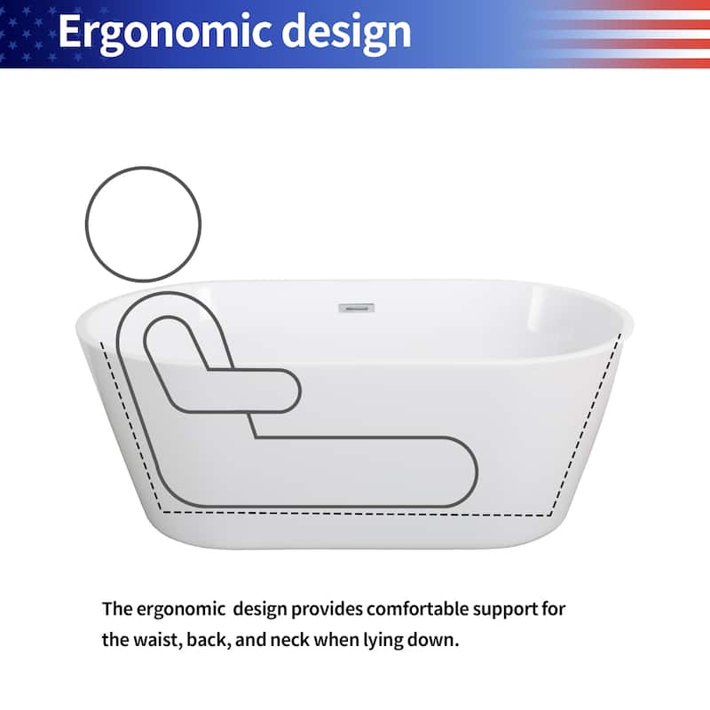 RAINLEX Oval Shaped Acrylic Freestanding Bathtub, Acrylic Glossy White Soaking Tub with Overflow and Pop-up Drain