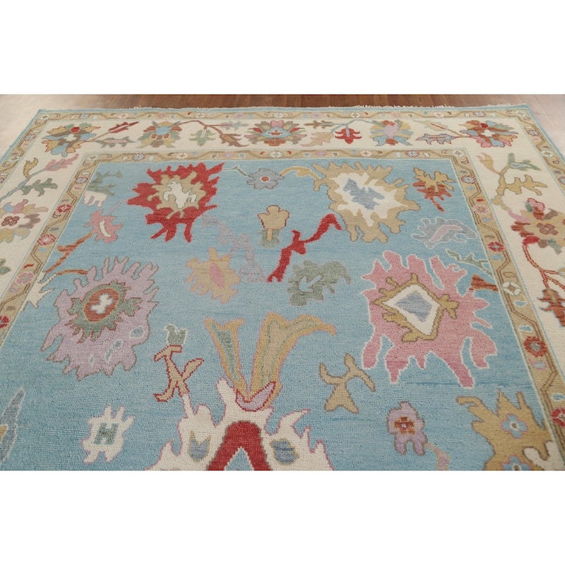 Light Blue Oushak Oriental Area Rug Handmade Floral Wool Carpet - 9'0"x 11'10"