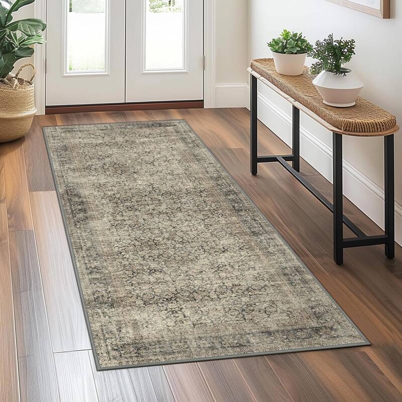 Mcow Floral Faded Low Pile Machine Washable Non-Slip Area Rug