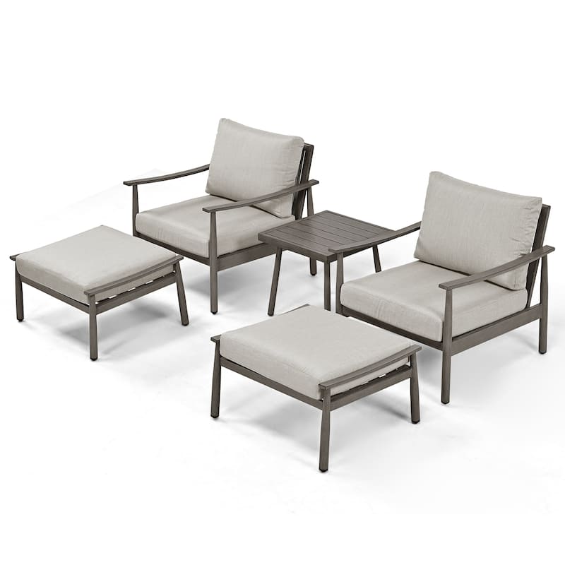 5-Piece Aluminum Patio Conversation Set with End Table and Cushions - Grey