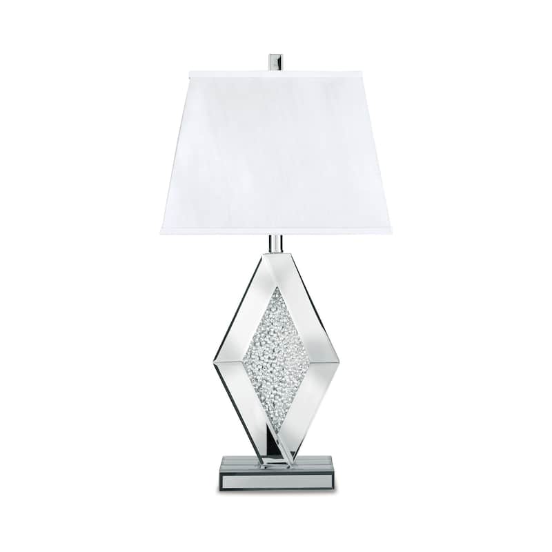 30 Inch Table Lamp, Mirrored Crystal Accent Geometric Base, Chrome, White