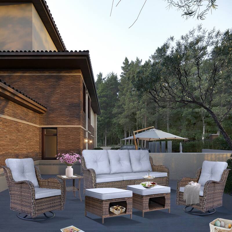 6 Piece Outdoor Wicker Patio Conversation Sofa Sets with Swivel Chairs
