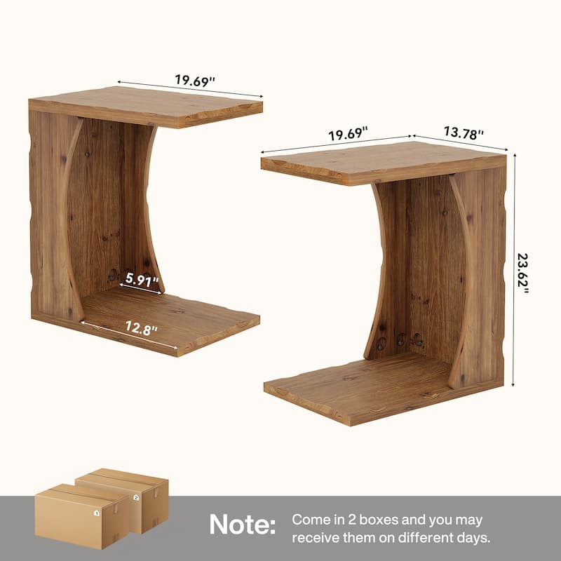 Solid Wood End Table, Narrow C Shaped Side Table with 2-tier Storage