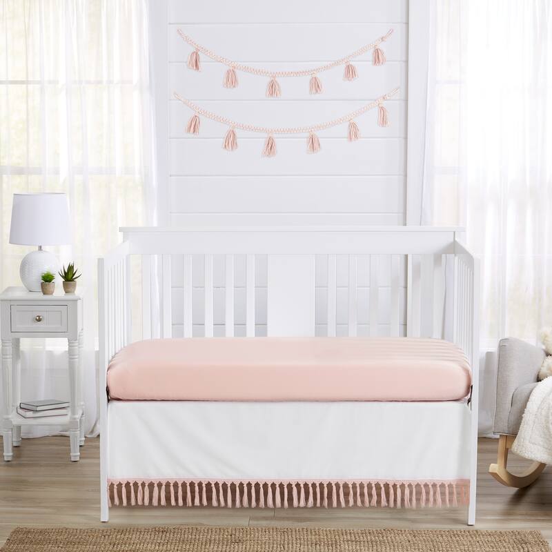 Boho Bohemian Girl Crib Bed Skirt - Blush Pink White Farmhouse Shabby Chic Designer Modern Minimalist Tassel Fringe Cotton