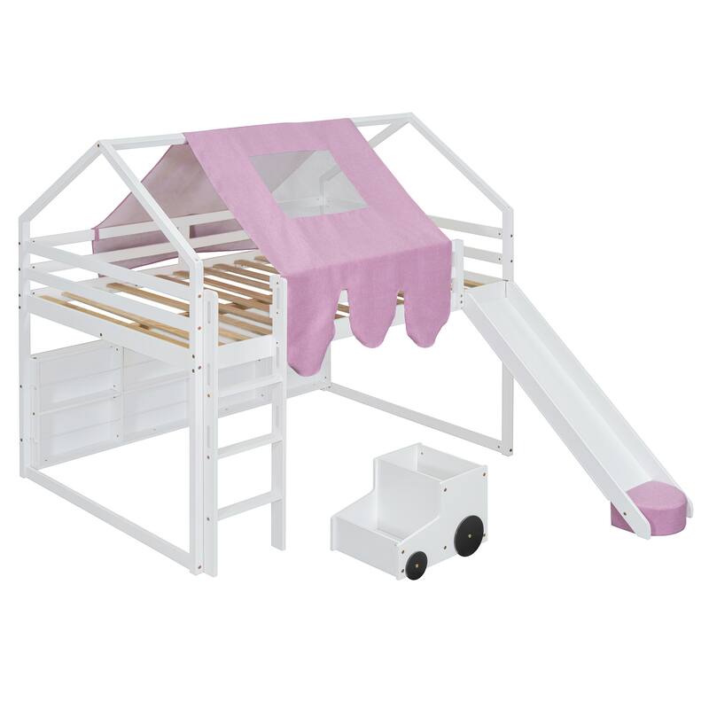 House-Shaped Wooden Loft Bed with Tent, Slide & Storage - Twin/Full Size in White & Pink