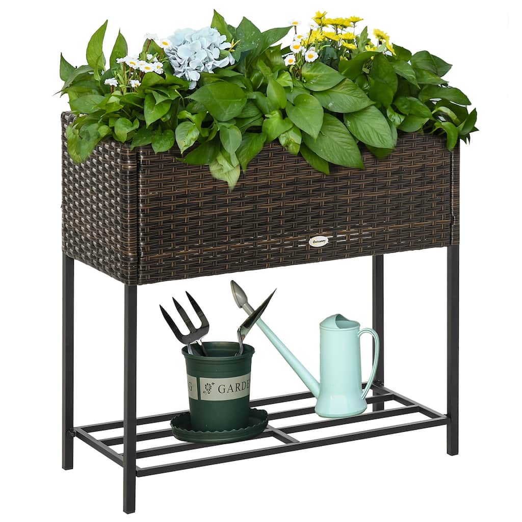 Modern Minimalist Garden Bed with Rattan Wicker Look, Tool Storage Shelf, Portable Design for Herbs Vegetables Flowers, Brown