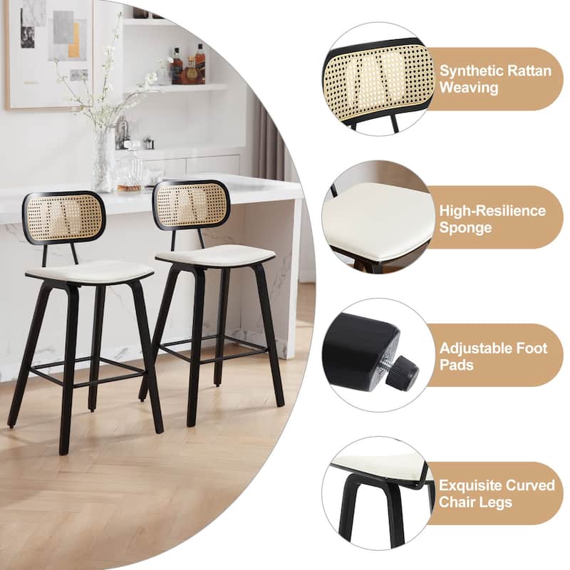 26-inch Wood Counter Height Bar Stools with Rattan Back