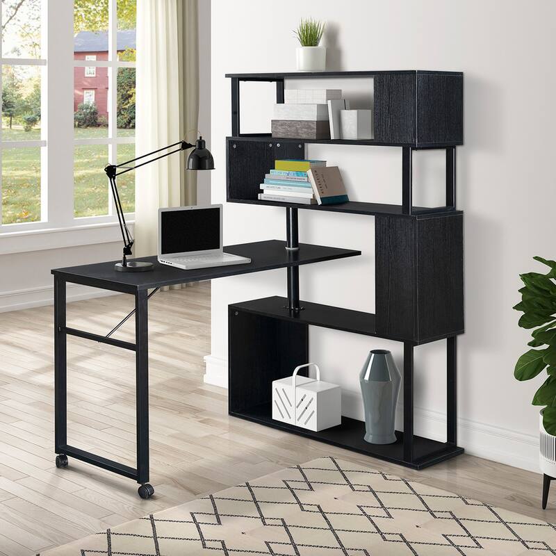 Home Office Computer Desk L-Shaped Corner Table, Rotating Office Desk with 5-Tier Bookshelf & Lockable Casters - Black