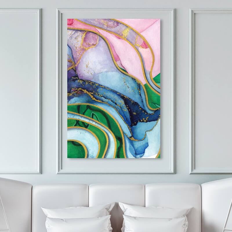 Wynwood Studio Canvas Abstract Golden Flow Gems Blue and Pastel Pink Modern & Contemporary Wall Art Canvas Print - 45 x 30