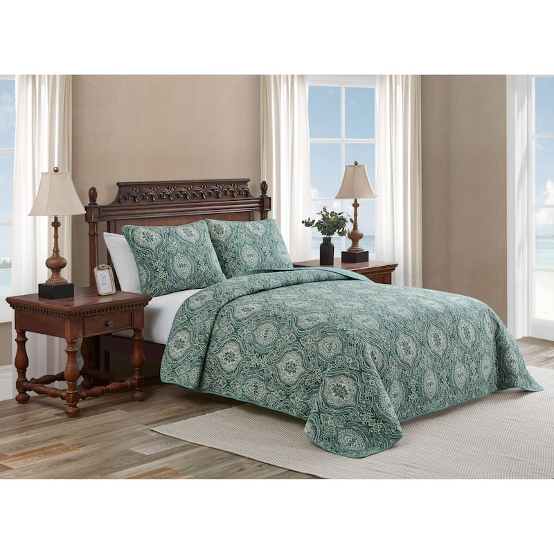 Tommy Bahama Bonny Cove Floral Pattern With Palm Reverse Quilt (Beige, 3 Piece Set)