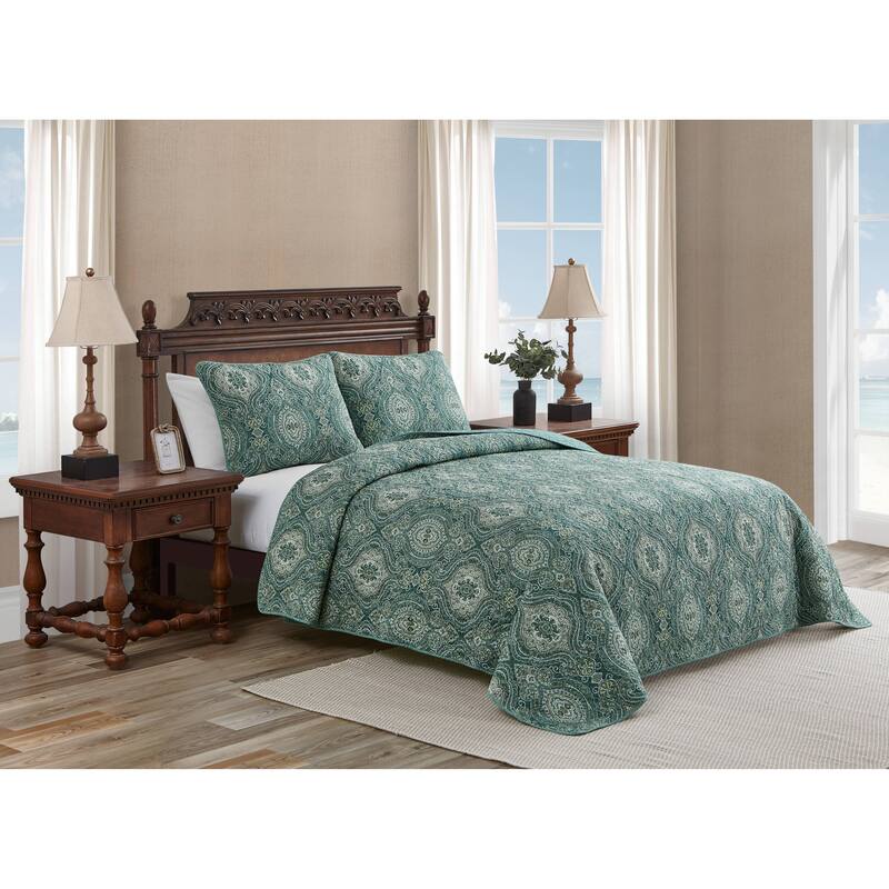 Tommy Bahama Turtle Cove Green Cotton Reversible Quilt Set
