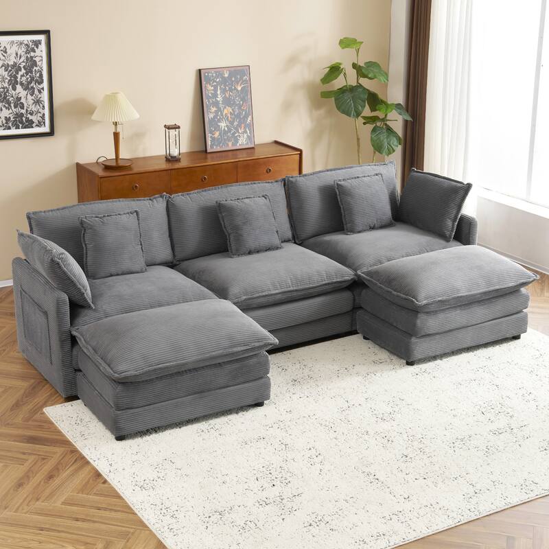 Roomfitters Large Modular Corduroy L-Shape Sectional Sofa with Side Storage Pockets for Living Room Functionality - Dark Grey