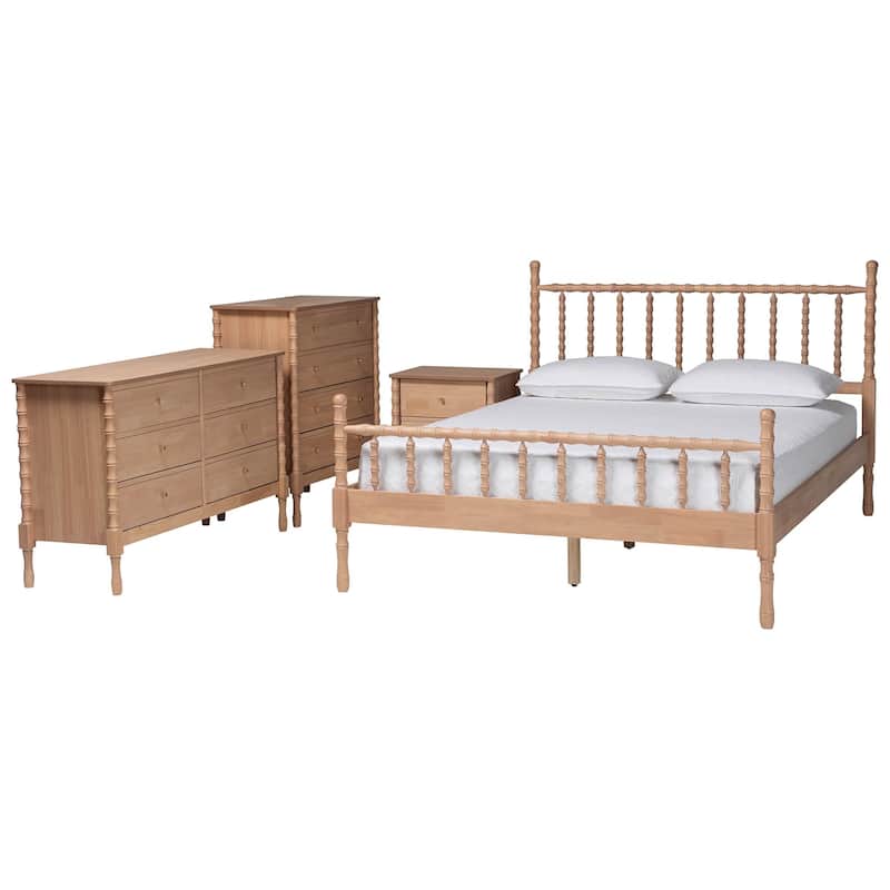 Laurent Bamboo-Style 4-Piece Bedroom Set - Spindle Platform Bed with Matching Dresser, Chest, and Nightstand, Queen - 4 Piece - Beech Brown, 4-Piece (Dresser, Chest, Nightstand)