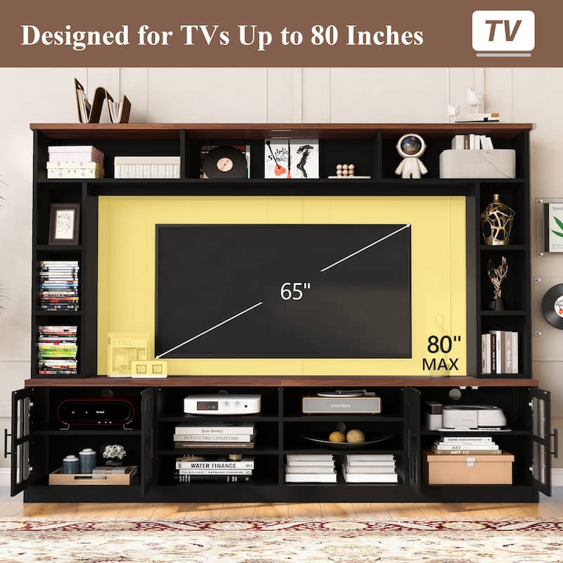 95.5" Wall Unit Entertainment Center TV Stand with Bookshelves, Storage Cabinets and Glass Doors for 80 Inch TV