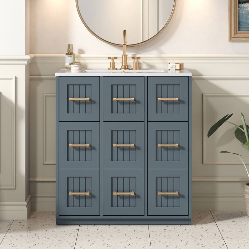 30" Bathroom Vanity Cabinet with Undermount Sink, Solid Wood Frame Bathroom Vanity Base & Ceramic Basin Set