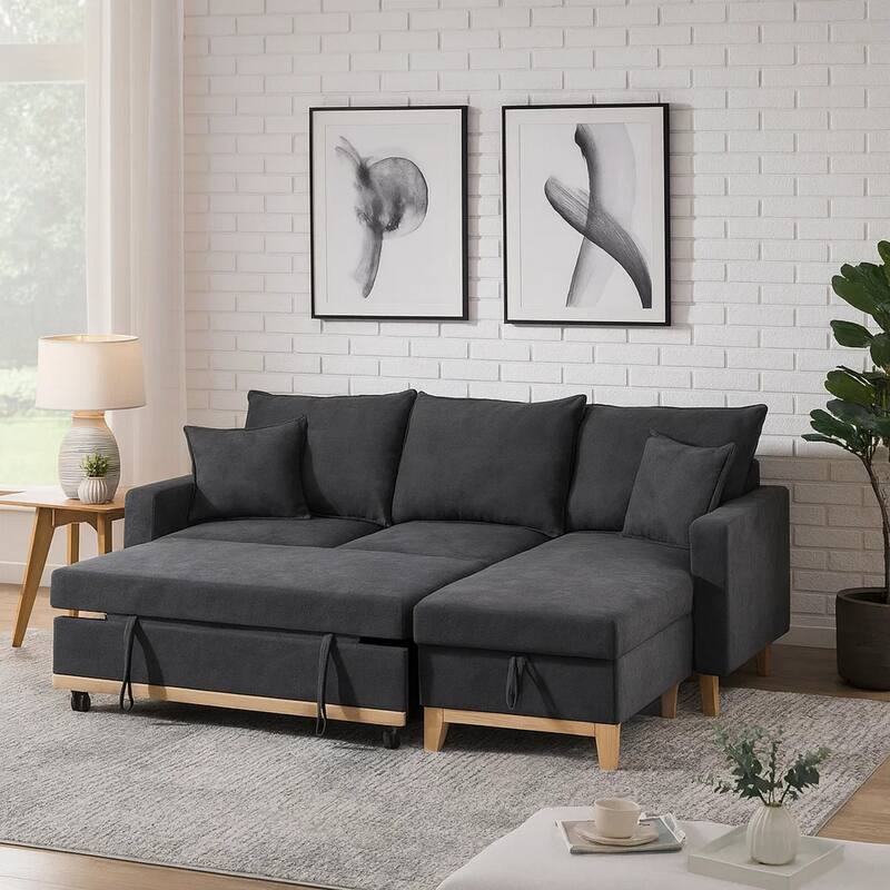84 Inch Reversible Sleeper Sectional Sofa with Storage Chaise, Modern, Gray