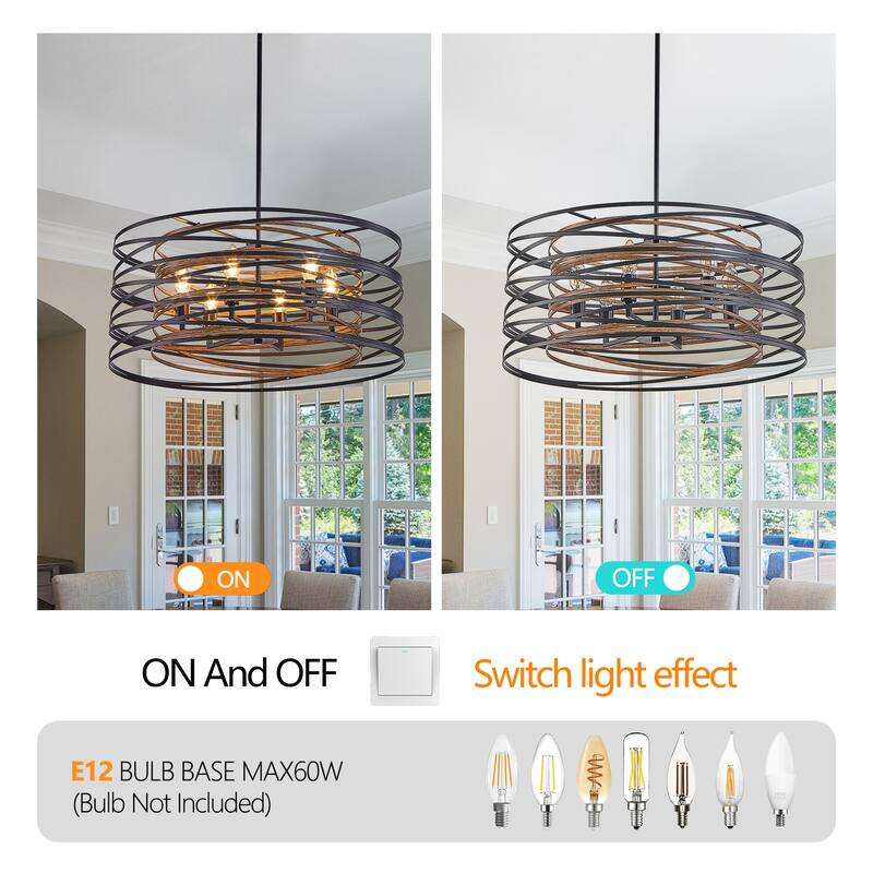 24" Rustic Industrial Pendant Light, 6-Light Black and Walnut Metal Cage Chandelier with Wood Accent