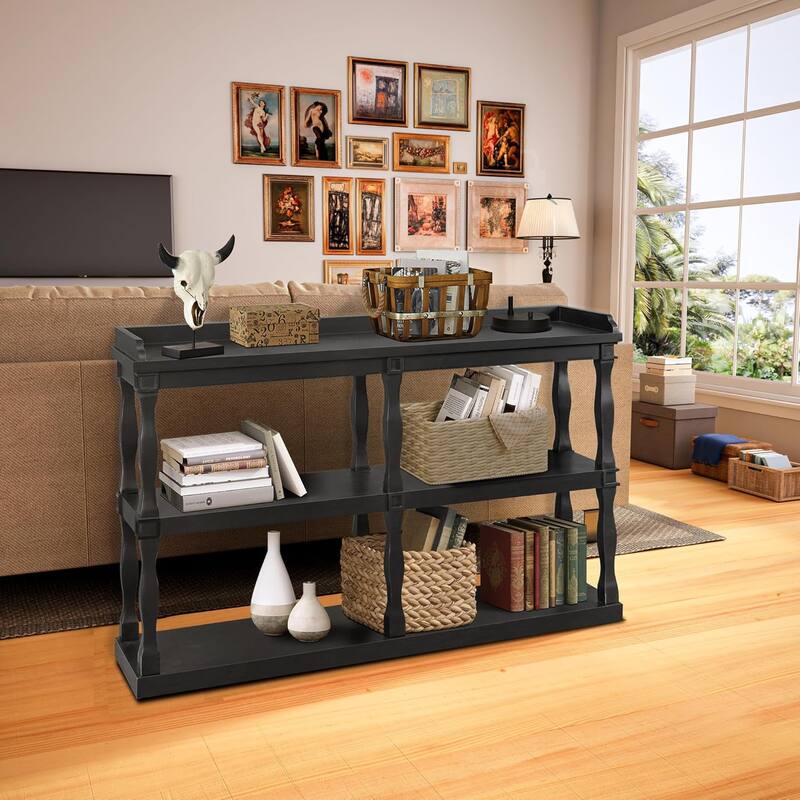 Roomfitters Console Table with 3-Tier Open Storage Spaces and Roman Column Effect Support Legs
