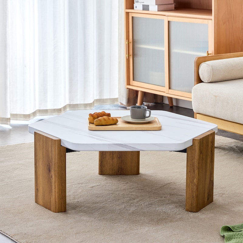 Modern Coffee Table with Wooden Toned Legs - White