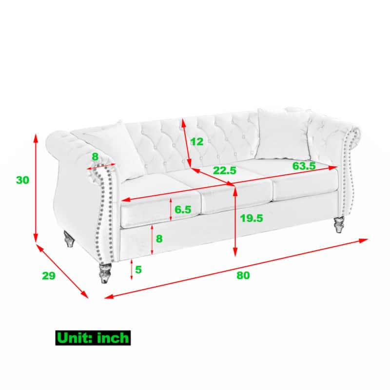 80" Chesterfield Sofa Grey Velvet for Living Room, 3 Seater Sofa Tufted Couch with Rolled Arms and Nailhead
