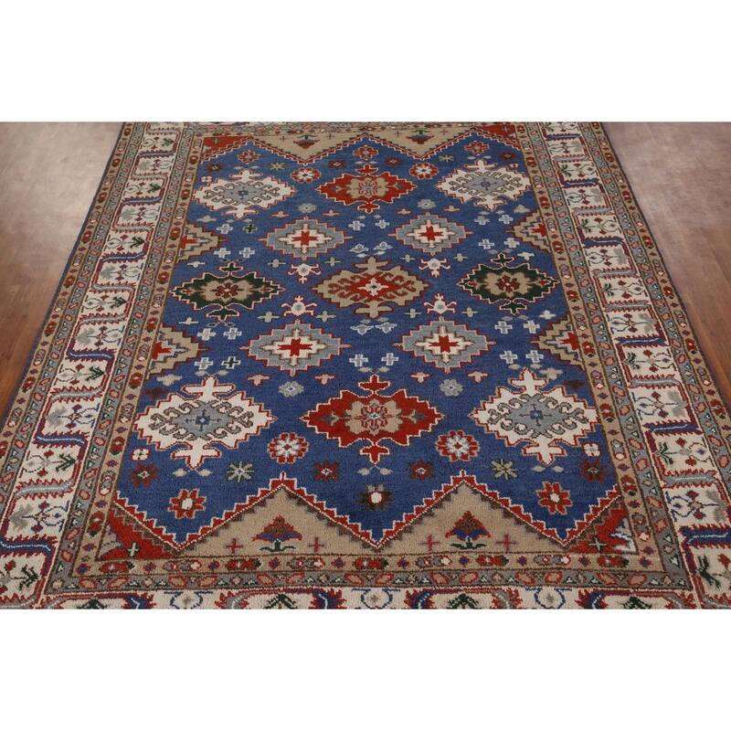 Blue Geometric Kazak Oriental Area Rug Handmade Wool Carpet - 8'0" x 9'11"