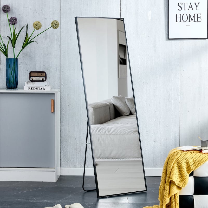 Roomfitters Wall-Mounted Full Body Mirror with Black Aluminum Frame, 63"x20" Floor Standing Vanity Mirror, Black