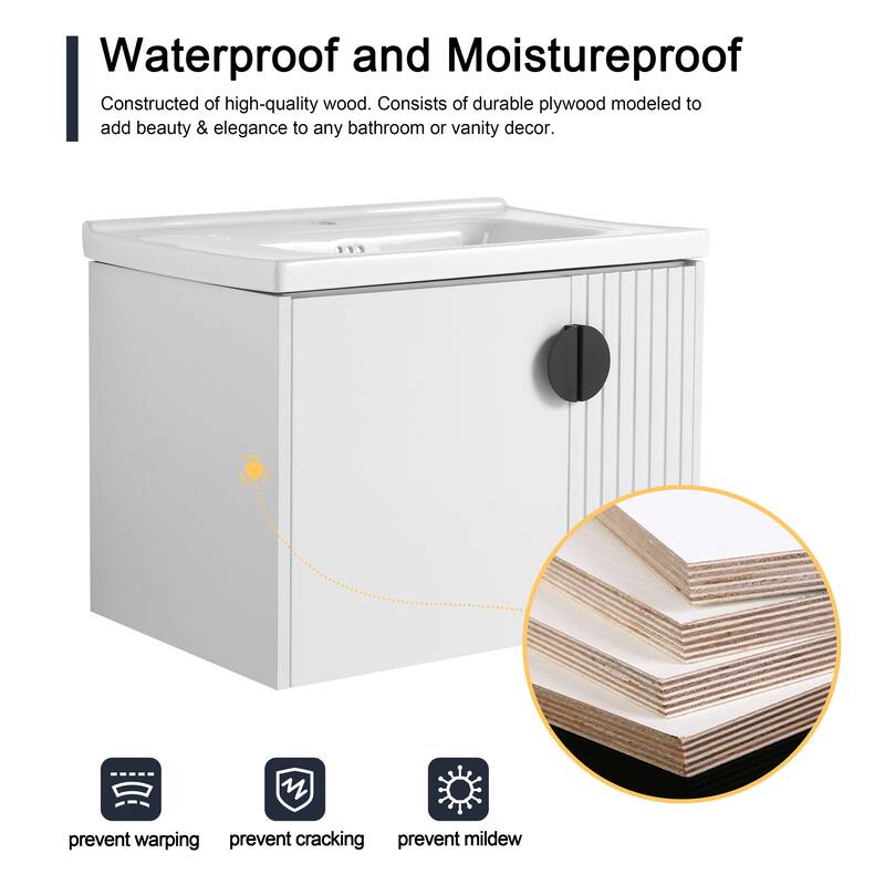Malwee 24"/28" Floating Bathroom Vanity, Wall Mounted Bathroom Vanity with Ceramic Sink and Soft Close Door