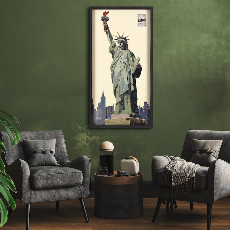 Empire Art "Lady Liberty" Alex Zeng's dimensional collage, under glass & a black shadow box frame