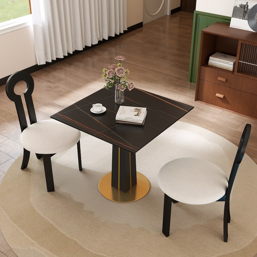 Modern Square Negotiation Table - 85cm Black Sintered Stone Top, Black Wooden Legs with Golden Metal Base