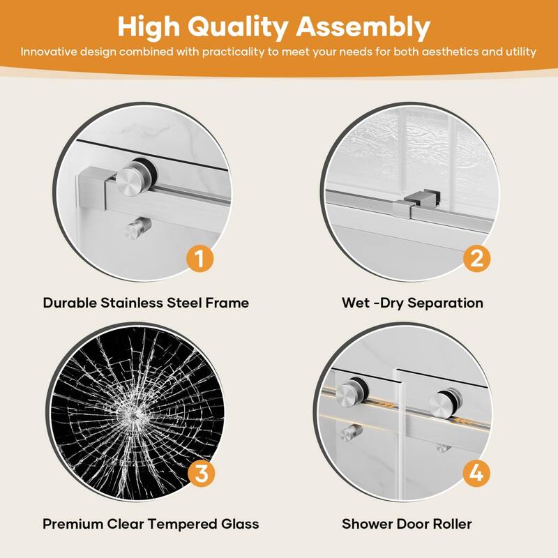 60" W x 74" H Door Double Sliding Frameless Shower Door with 8mm easy clear Tempered Glass