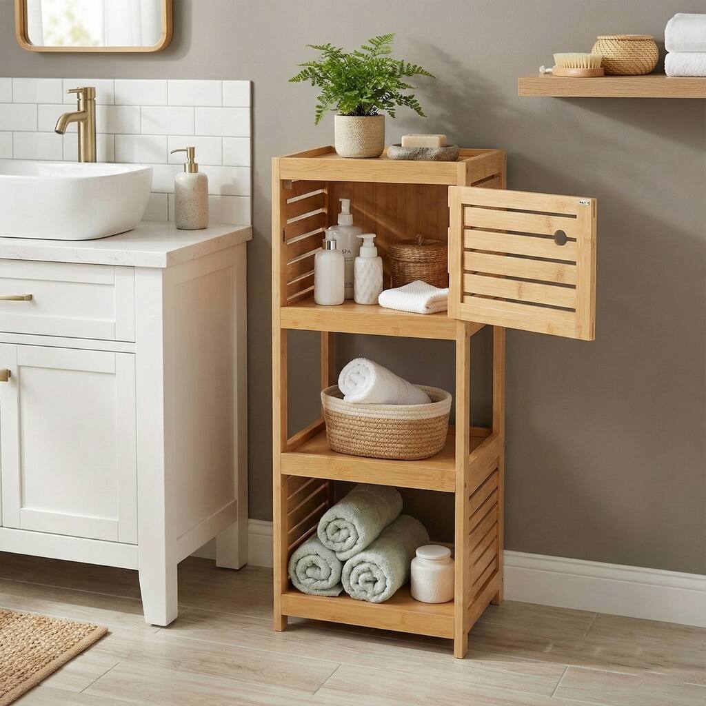 Compact Bathroom Storage Cabinet with Open Shelves and Vented Door, Natural - Trinidad Collection - 24.8"L x 9"W x 70.5"H
