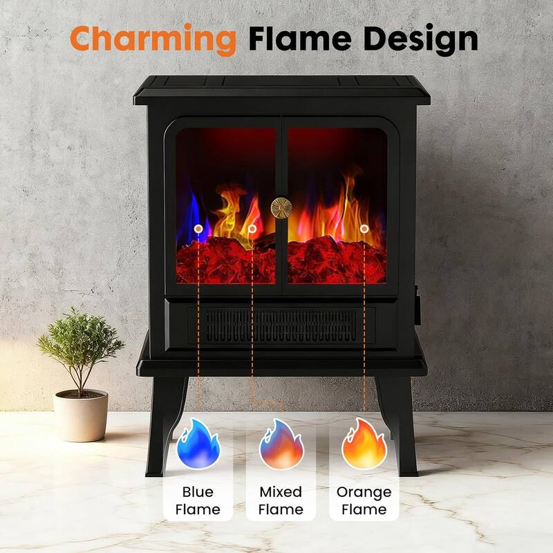 19" Freestanding Electric Fireplace Stove, Fire Place Heater with Realistic Logs and Flame Effect and Overheat Protection