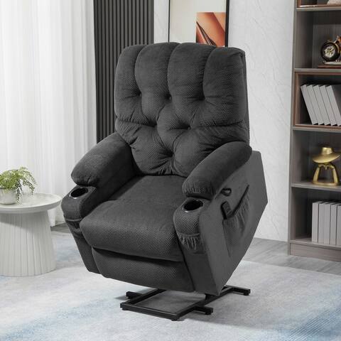 HOMCOM Power Lift Chair, Fabric Tufted Recliner Sofa Chair for Elderly with Cup Holders, Remote Control, and Side Pockets