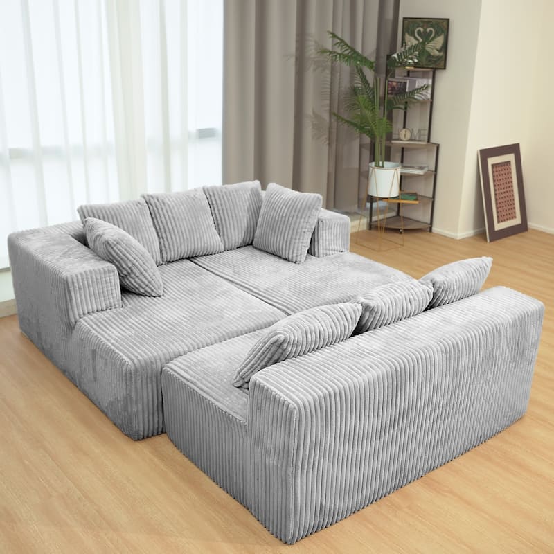 Modular U-Shaped Sectional Sofa with Reversible Chaise, Oversized Corduroy Boneless Cloud Sofa, Comfy Upholstered 4 Seat Sofa - Grey