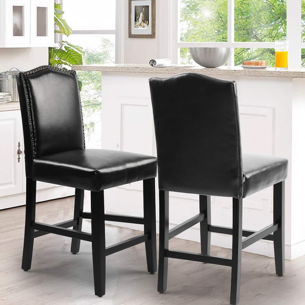 24 Inches Faux Leather Counter Height Bar Stools with Nailhead Trim