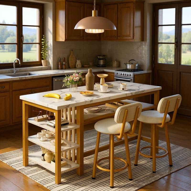 3-Piece Dining Room Table Set with 2 Upholstered Bar Stools, Modern Farmhouse Bar Table Set for 2 with Multiple Tier Shelves - Marble White/Gold/White PU