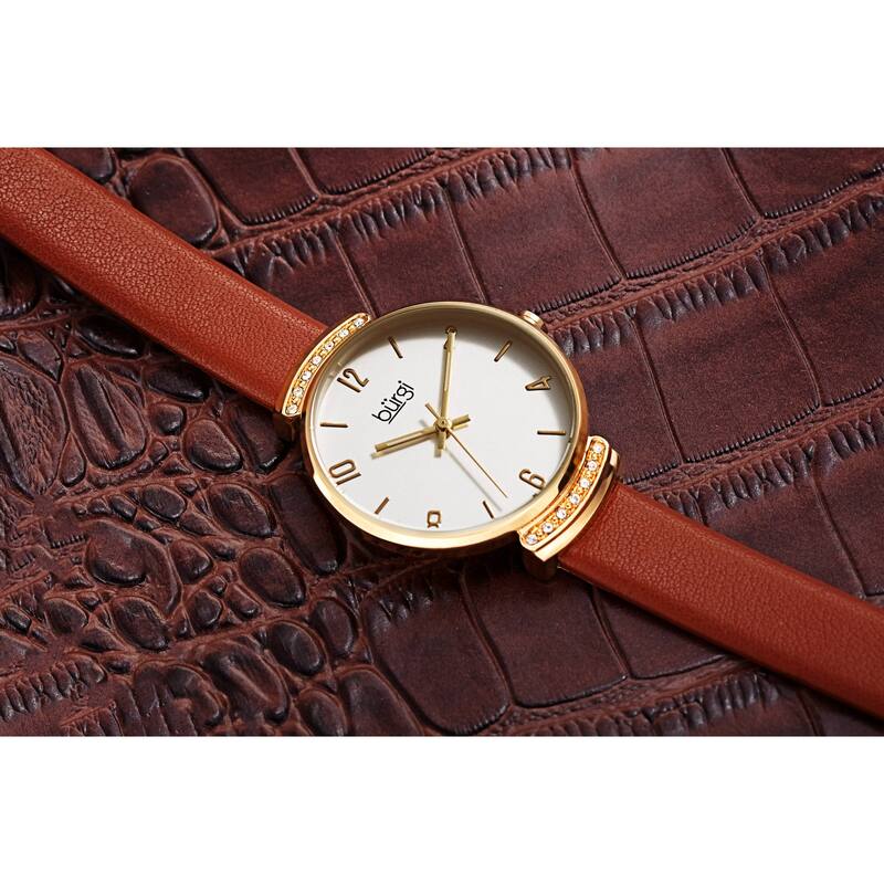 Burgi Women's Swarovski Crystal Classic Slim Leather Strap Watch