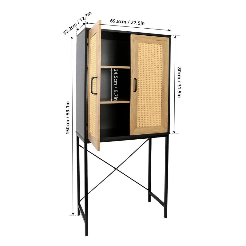 Elegant Tall Storage Cabinet with 2 Rattan Doors,X-Shaped Supporting Bars