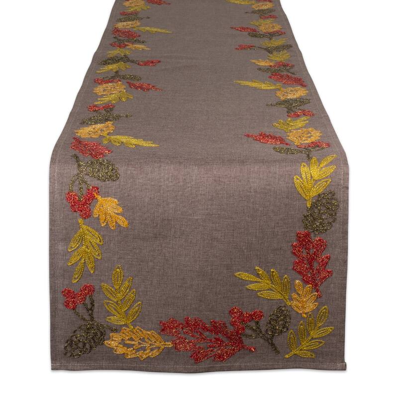 Embroidered Shimmering Leaves Table Runner - 108" - Brown