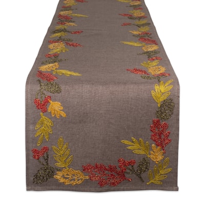 Embroidered Shimmering Leaves Table Runner - 108" - Brown