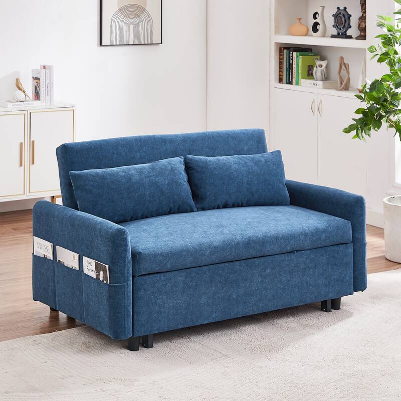 Pull Out Sleep Sofa Bed, 55.1" Loveseats Sofa Couch w/ Adjsutable Backrest, Convertible Sofa Bed w/ Storage Pockets & USB Ports - Blue