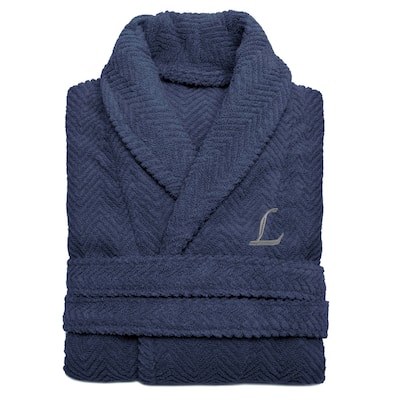Authentic Hotel and Spa Midnight Blue with Grey Monogrammed Herringbone Weave Turkish Cotton Unisex Bath Robe