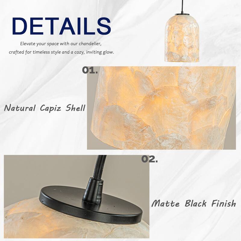 1-Light 7'' Modern Farmhouse Natural Capiz Seashell Single Pendant Light Coastal Cylinder Hanging Light For Kitchen - W7''