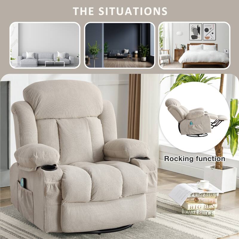 Swinging Recliner Massage Heated Sofa with USB, Cup Holders, Side Pockets, Eight Acupoint Massage