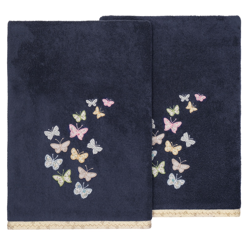 Authentic Hotel and Spa 100% Turkish Cotton Mariposa 2PC Embellished Bath Towel Set - Marine