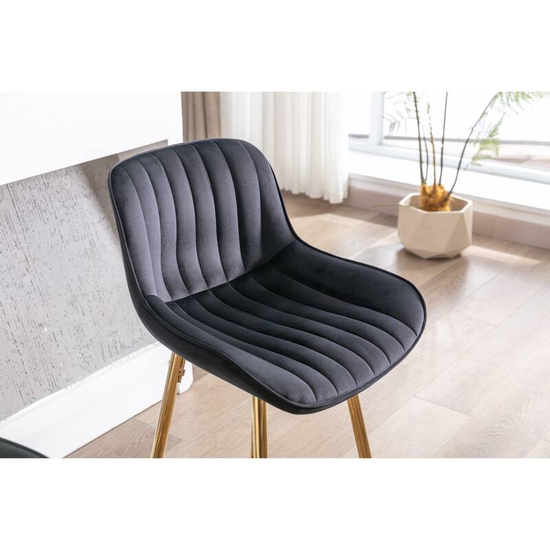 30 inch Set of 2 Bar Stools,with Chrome Footrest Velvet Fabric Counter Stool Golden Leg Simple High Bar Stool,black